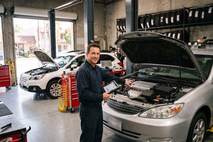 An auto mechanic in his shop with two cars.